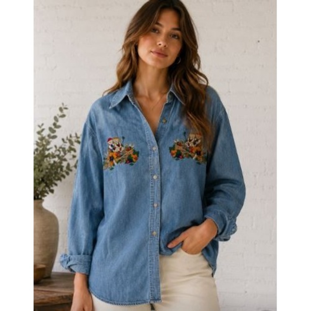 Denim Top Sz.  24 Blue Harvest Bear Embroidered Fall Cotton Cottagecore Grandma